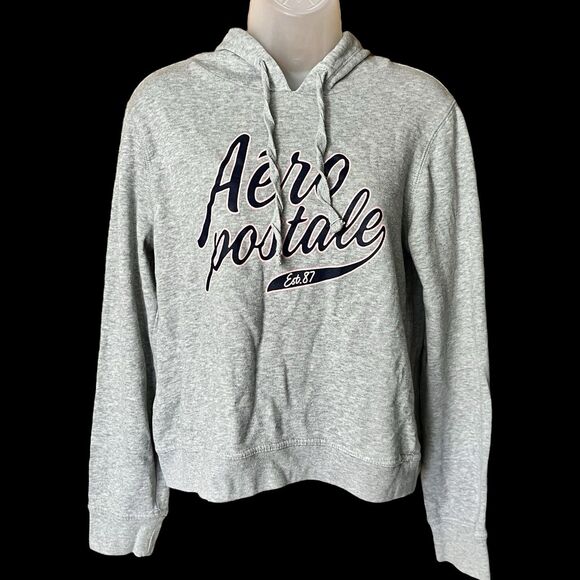 Aeropostale Blue/Pink Logo Graphic Cropped Grey Hoodie Pullover Sz M Y2K - Picture 4 of 10